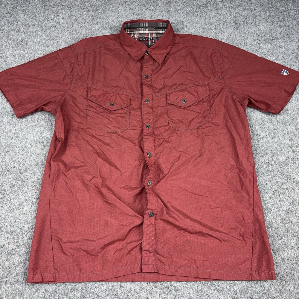 Kuhl Eluxur Shirt Mens Large Red Short Sleeve Button Up Hiking Outdoor Pockets